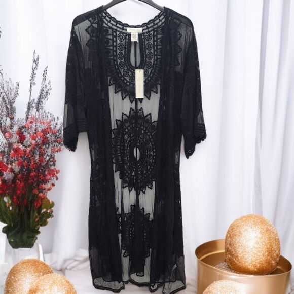 Rachel Zoe Kimono Cover Up Duster Black Lace One Size Fits Most Bohemian Boho - Picture 1 of 14